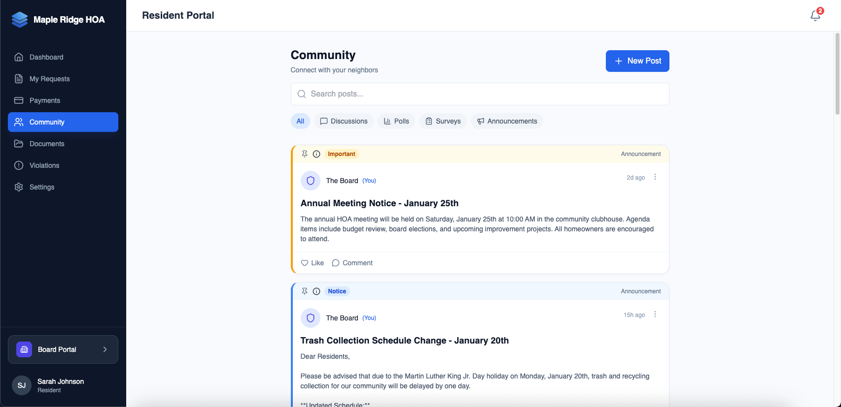 Feed with poll and announcement