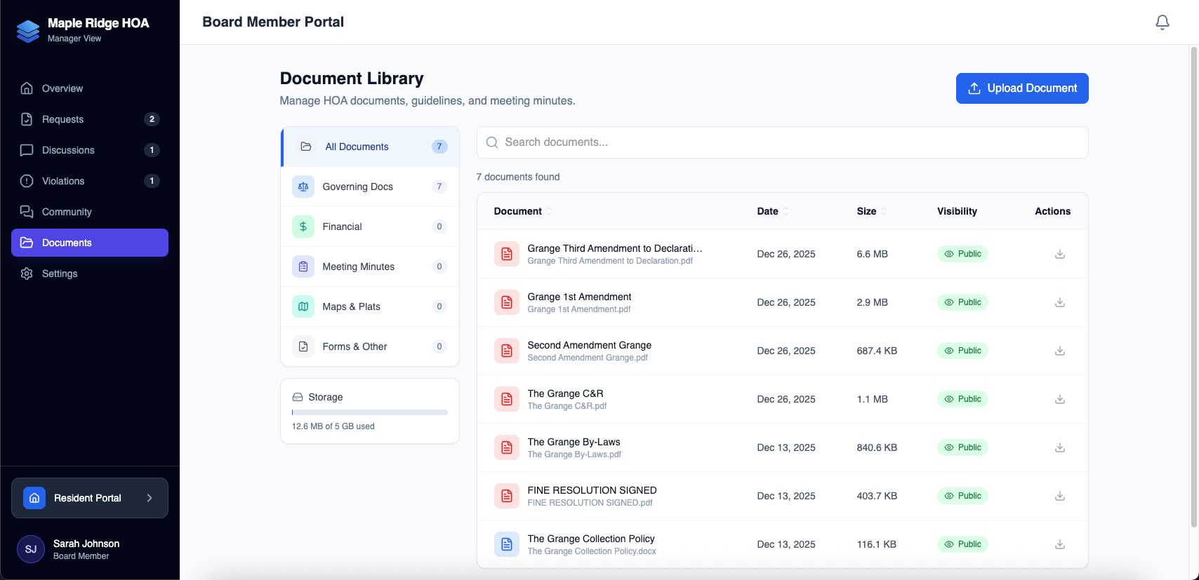 Document grid with upload modal