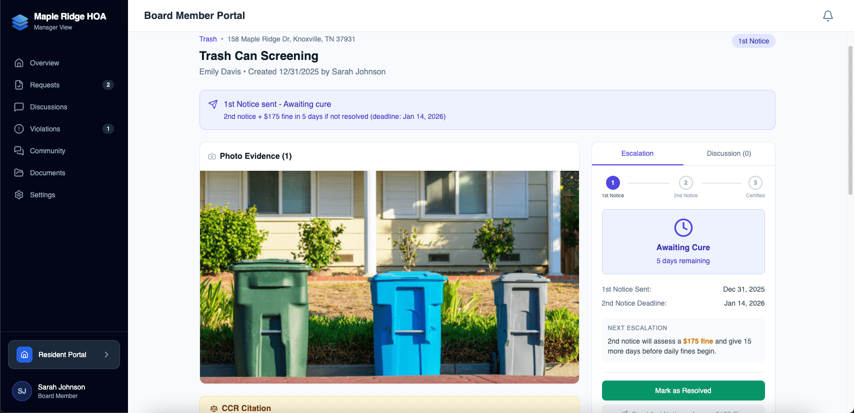 Violation detail with status progression